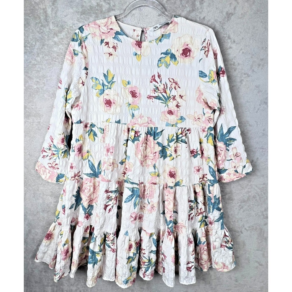 Zara The Sharon Floral Baby Doll Textured Tiered Mini Dress M Boho Soft Girl